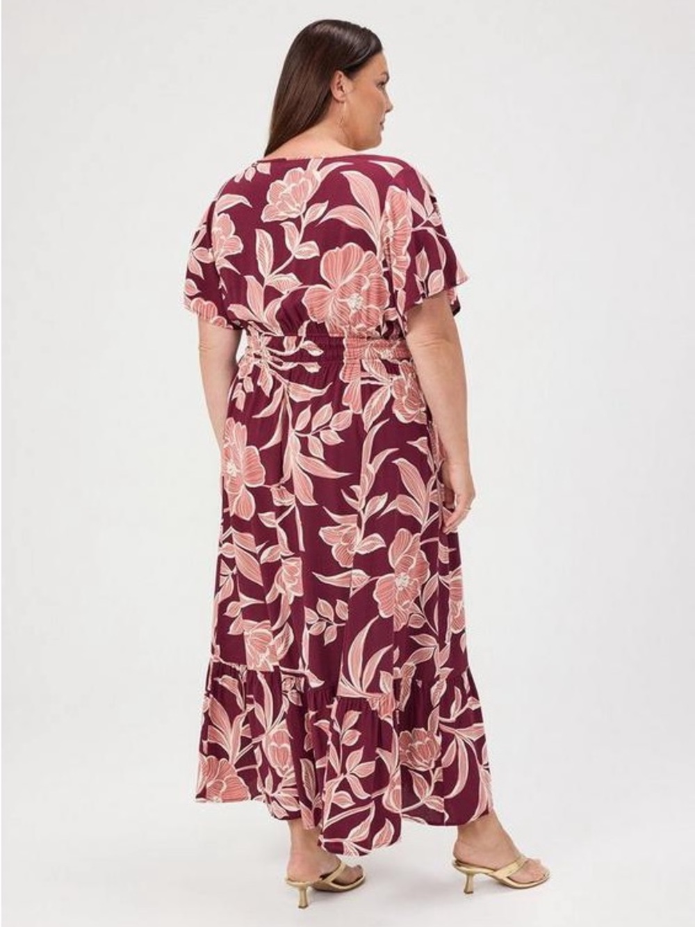 Torrid Boho Chic Y-Neck Challis Maxi Dress in Nova Floral Plum Plus Size 2X - Picture 4 of 15